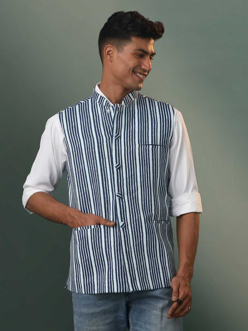Vastramay Men's Indigo Striped Kantha Stich Nehru Jacket